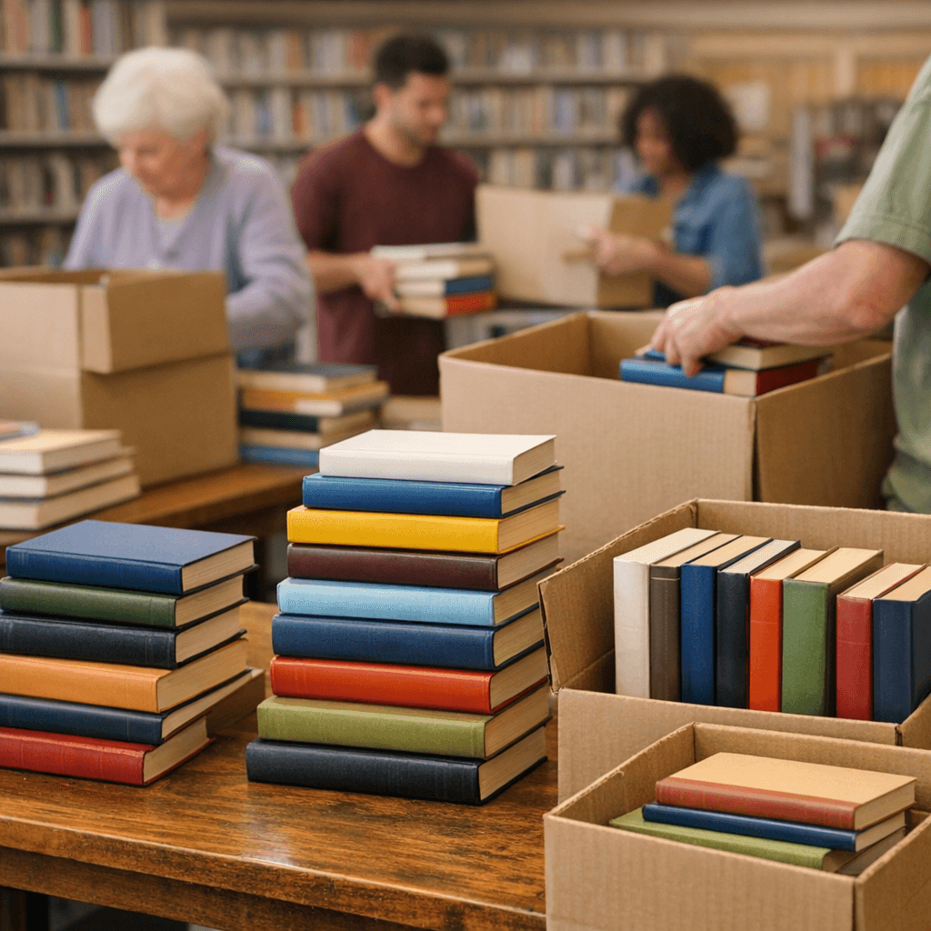 Caixas de livros organizados para coleta e reciclagem pela Global Reverso