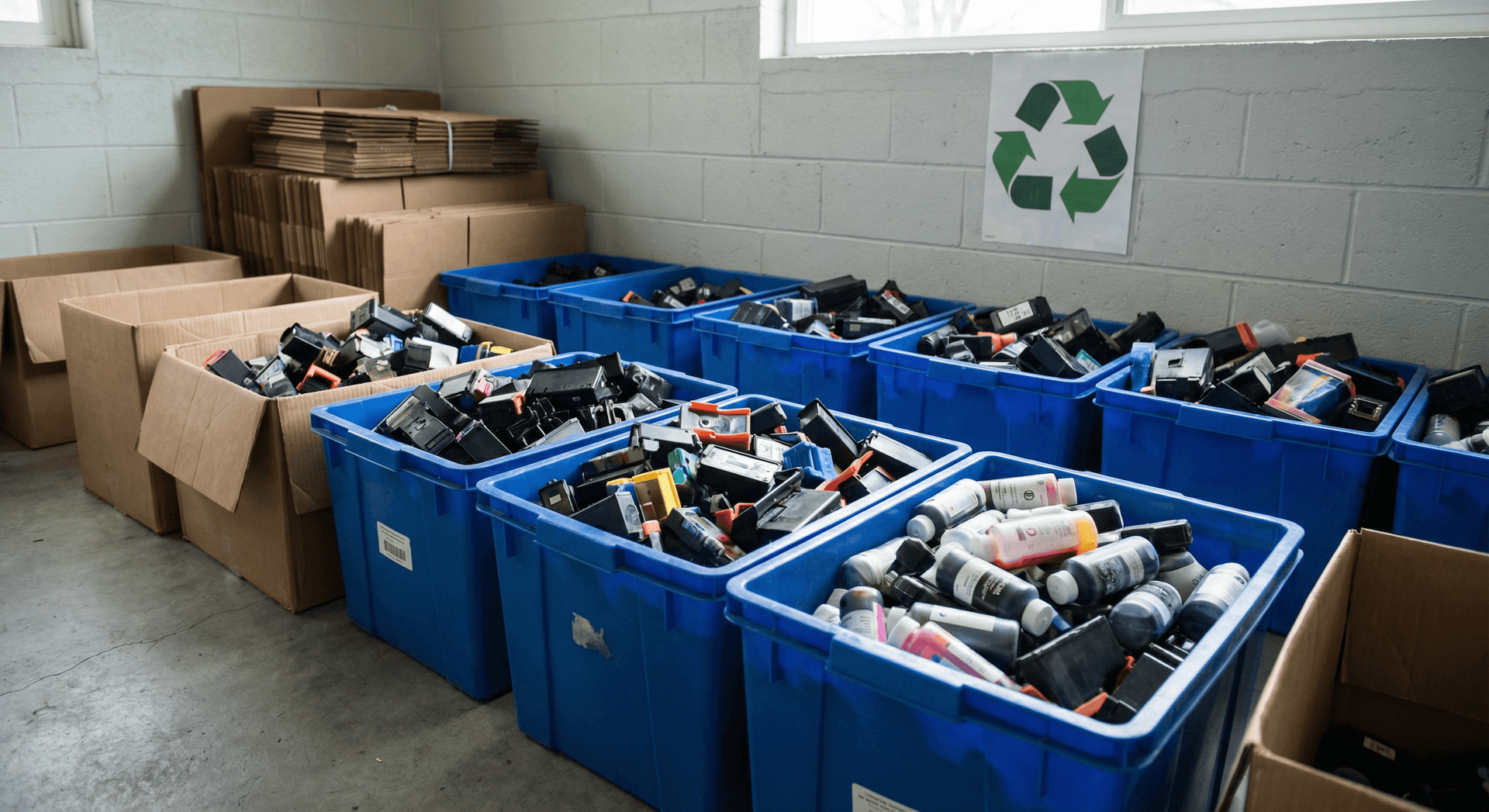 Impressoras e cartuchos de tinta usados reunidos para descarte e reciclagem certificada