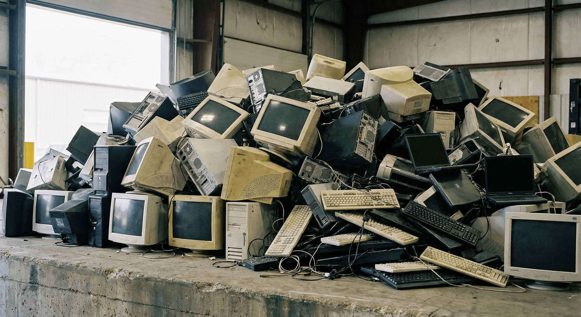 Equipamentos eletrônicos variados como computadores e celulares aguardando coleta para reciclagem